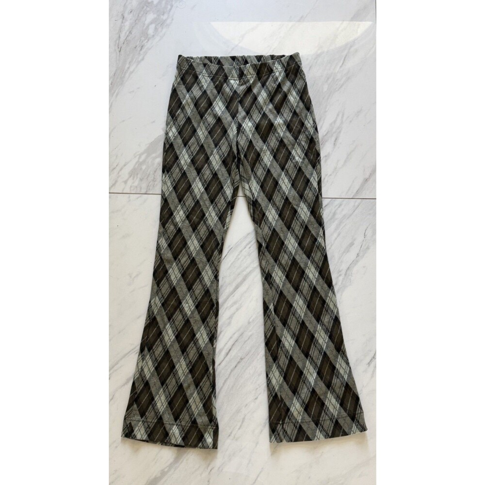 Free People Chloe Plaid Flare Leg Knit Pants Trousers Women’s Sz M Olive Combo